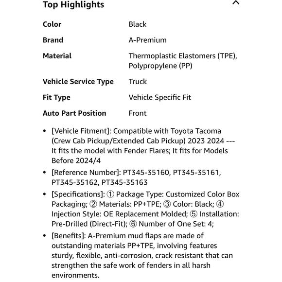 Splash Guards Mud Flaps 4 Mudguard Fender Flares Toyota Tacoma 2023 2024 NIB NEW - Picture 11 of 12